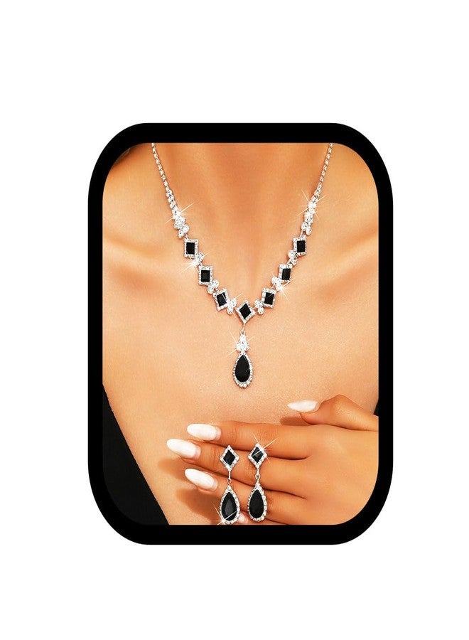 ايفينت طقم مجوهرات زفاف مرصع بأحجار الراين من إيرنت، قلادة وأقراط مرصعة بالألماس الأسود للنساء (أسود) - Image 1