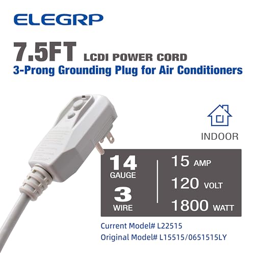 ELEGRP 0651515LY L15515 L22515 14AWG LCDI Power Cord Plug for A/C Air Conditioner, E250451 UL Certified, 7.5FT Leakage Current Detection Interrupter Replacement, 120V 15A 1800W 60Hz NEMA 5-15P, 1 Pack - Image 2