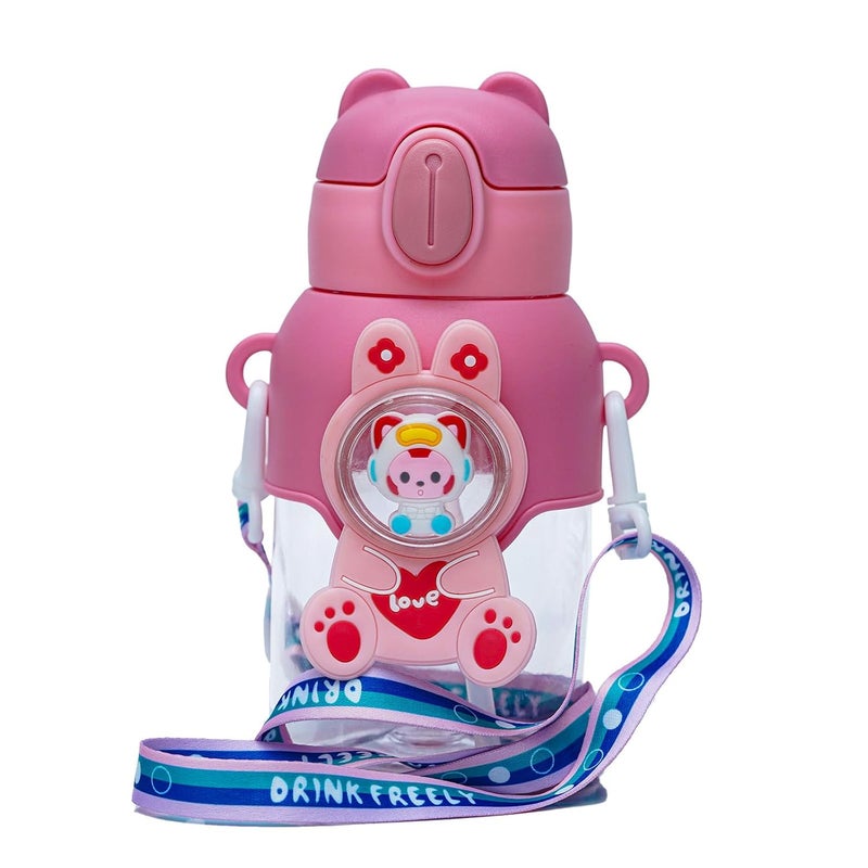 Veejet joyland 600ml Kids Sipper Water Bottle with Anti-Leak Cartoon Spacer | Spill-Proof, Durable for School,Travel, and Everyday Use with straw Drinking bottle | Gift for Birthday | Color : (Pink) - Image 1