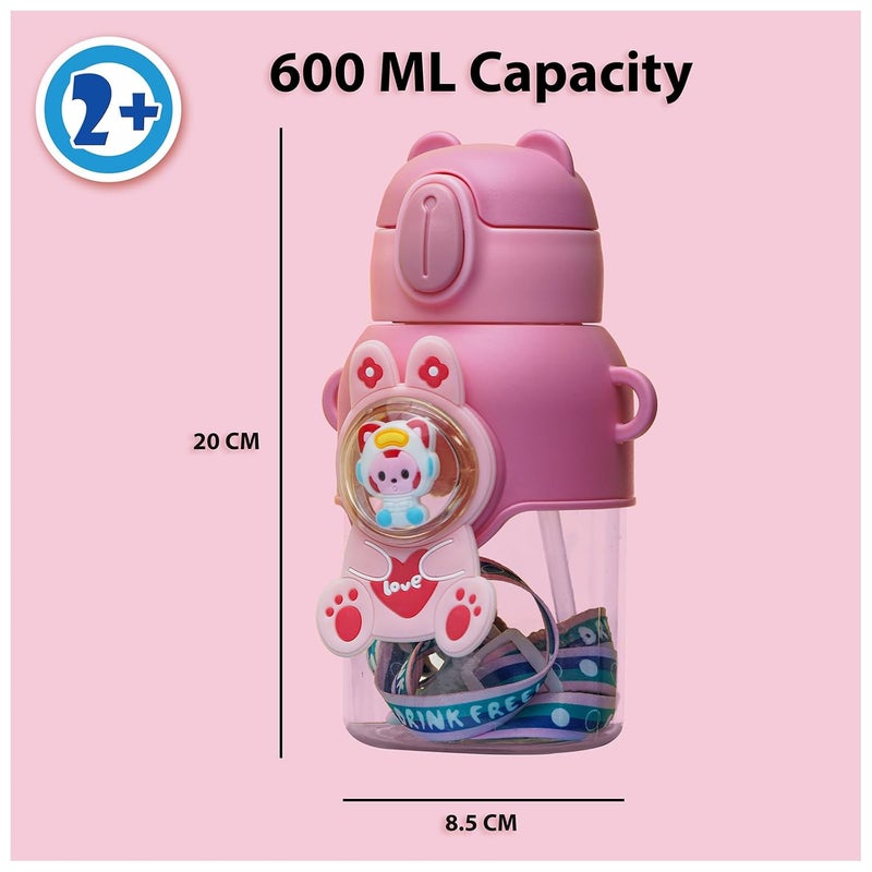 Veejet joyland 600ml Kids Sipper Water Bottle with Anti-Leak Cartoon Spacer | Spill-Proof, Durable for School,Travel, and Everyday Use with straw Drinking bottle | Gift for Birthday | Color : (Pink) - Image 3