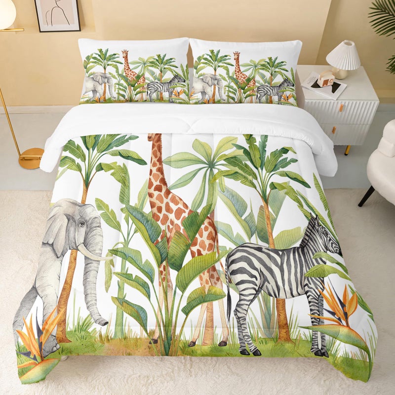 QOOMO Wild Animal Comforter Twin Size,Elephant Giraffe Zebra Kids Bedding Set,3Pcs Bedding Set Printed Comforter with 2 Pillowcases,Down Alternative,Soft and Lightweight,for All Seasons - Image 2