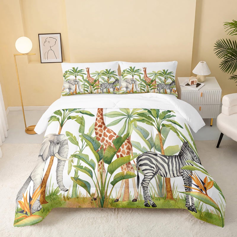 QOOMO Wild Animal Comforter Twin Size,Elephant Giraffe Zebra Kids Bedding Set,3Pcs Bedding Set Printed Comforter with 2 Pillowcases,Down Alternative,Soft and Lightweight,for All Seasons - Image 1