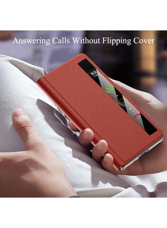 Case for Honor Magic V5, Clear View Window Genuine Leather Flip Phone Case with Wrist Strap Kickstand Cover - Image 3