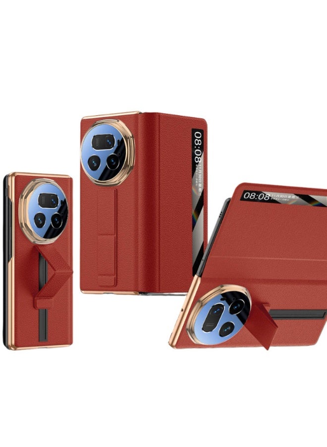 Case for Honor Magic V5, Clear View Window Genuine Leather Flip Phone Case with Wrist Strap Kickstand Cover - Image 1