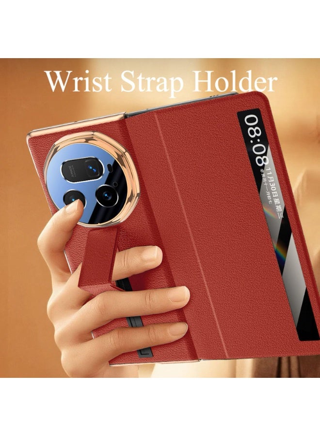 Case for Honor Magic V5, Clear View Window Genuine Leather Flip Phone Case with Wrist Strap Kickstand Cover - Image 4
