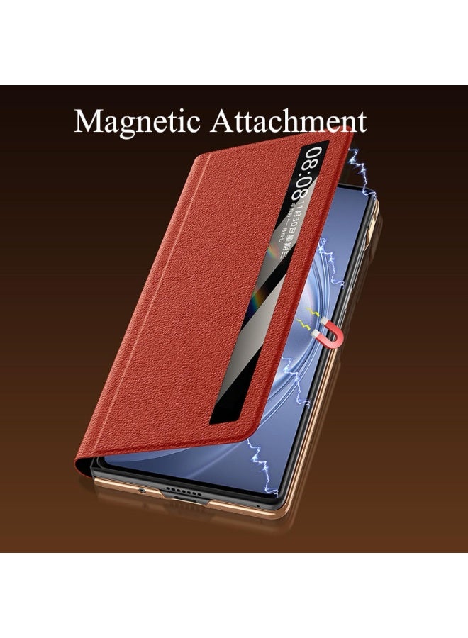 Case for Honor Magic V5, Clear View Window Genuine Leather Flip Phone Case with Wrist Strap Kickstand Cover - Image 2