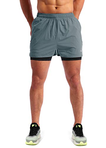 Pudolla Men’s 2 in 1 Running Shorts 5" Quick Dry Gym Athletic Workout Shorts for Men with Phone Pockets(Arona Blue Small) - Image 2