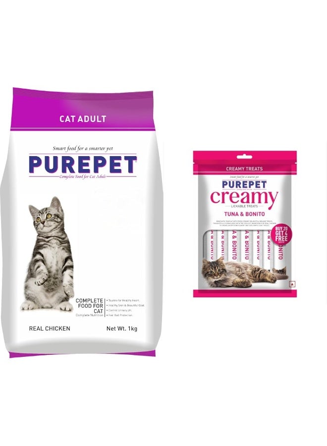 PUREPET Cat Food Real Chicken Flavour 1 Kg + Creamy Lickable Cat Treats (24x15g) - Image 1