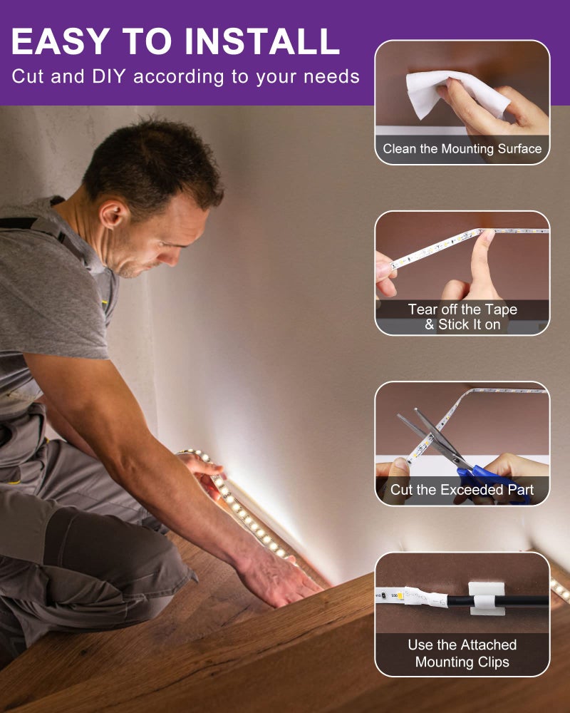 HitLights White LED Strip Lights 4000K,16.4ft High Density 12V Tape Light, UL Listed, 600 LEDs, CRI>90, 300Lm/ft, Flexible Dimmable Rope Lights for Bedroom, Kitchen, Cabinet(Power Source Not Included) - Image 4