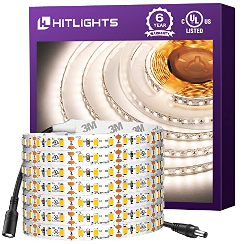 HitLights White LED Strip Lights 4000K,16.4ft High Density 12V Tape Light, UL Listed, 600 LEDs, CRI>90, 300Lm/ft, Flexible Dimmable Rope Lights for Bedroom, Kitchen, Cabinet(Power Source Not Included) - Image 1