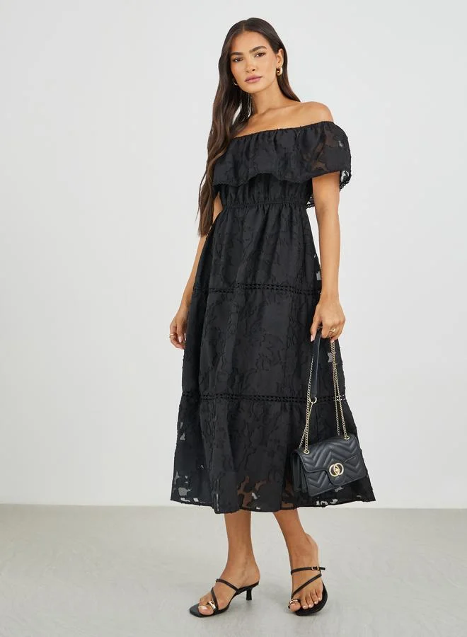 Styli Styli Lace Off Shoulder Tiered Midi Dress