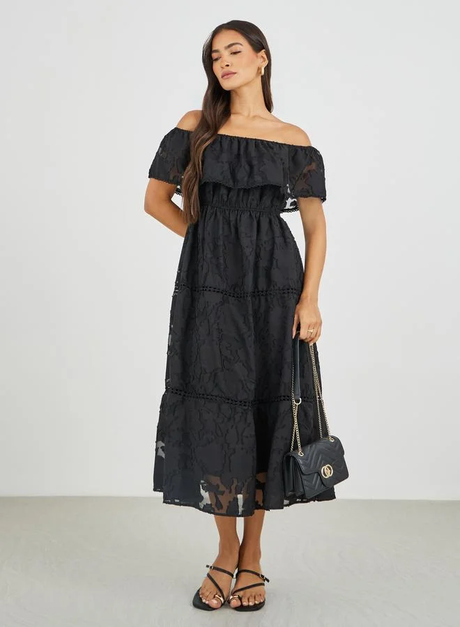 Styli Styli Lace Off Shoulder Tiered Midi Dress