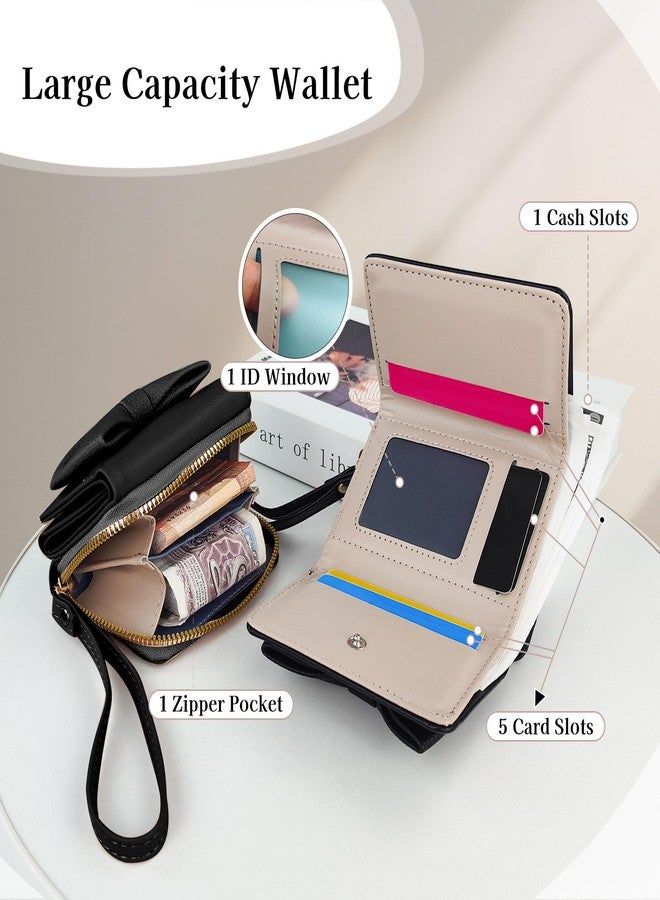 Feelorna Small Wallet for Women, Trifold PU Leather Wallets with Zipper Coin Pocket and Multiple Card Slots, Cute Bow Credit Card Holder Coin Purse with Wrist Strap (Black) - Image 4