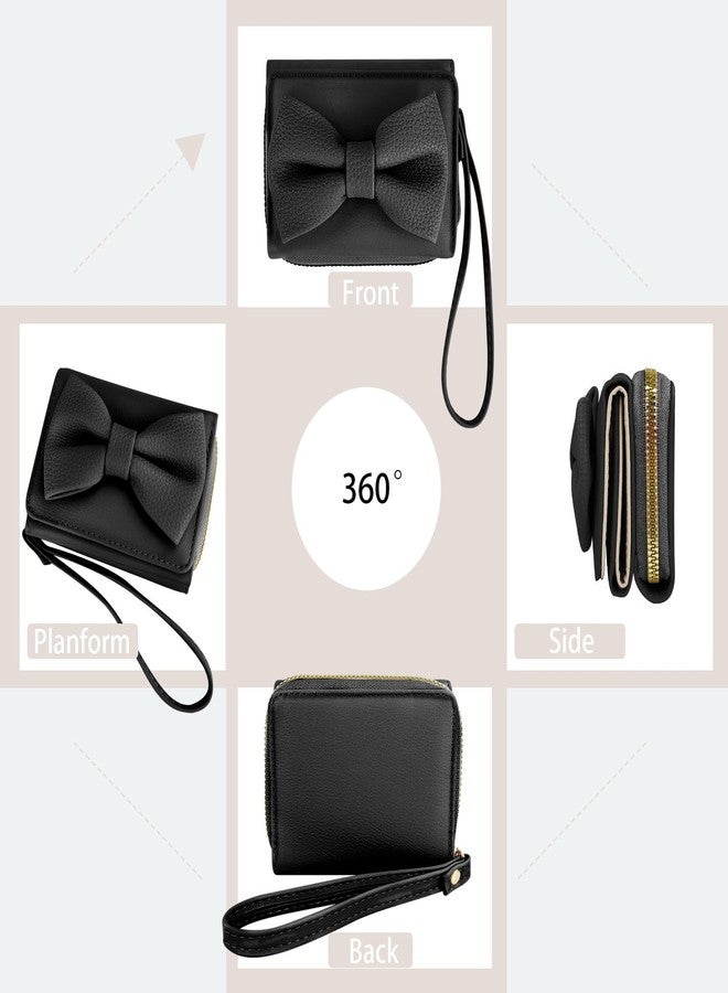Feelorna Small Wallet for Women, Trifold PU Leather Wallets with Zipper Coin Pocket and Multiple Card Slots, Cute Bow Credit Card Holder Coin Purse with Wrist Strap (Black) - Image 5