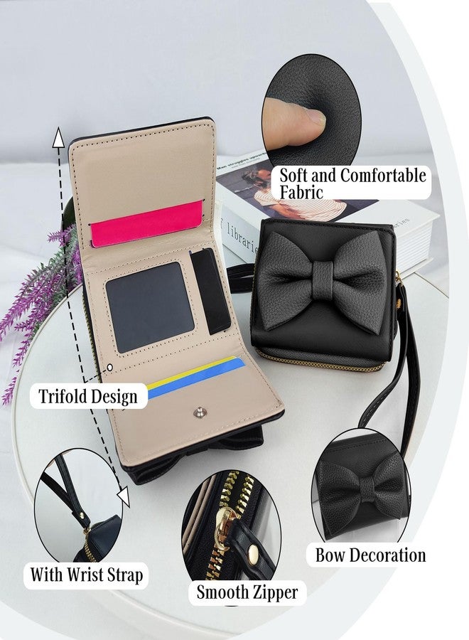 Feelorna Small Wallet for Women, Trifold PU Leather Wallets with Zipper Coin Pocket and Multiple Card Slots, Cute Bow Credit Card Holder Coin Purse with Wrist Strap (Black) - Image 3