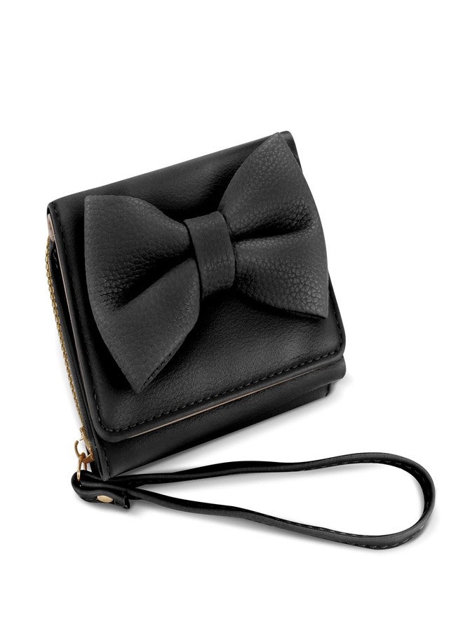 Feelorna Small Wallet for Women, Trifold PU Leather Wallets with Zipper Coin Pocket and Multiple Card Slots, Cute Bow Credit Card Holder Coin Purse with Wrist Strap (Black) - Image 1