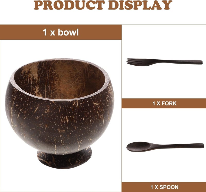 SHOWERORO Coconut Shell Salad Bowl Set with Natural Wood Fork and Spoon, Handmade Wooden Dessert Bowls for Food Serving, Eco-friendly Kitchen Tableware for Fruit and Salad - Image 3