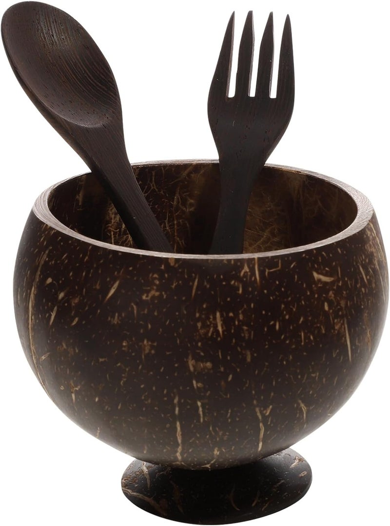 SHOWERORO Coconut Shell Salad Bowl Set with Natural Wood Fork and Spoon, Handmade Wooden Dessert Bowls for Food Serving, Eco-friendly Kitchen Tableware for Fruit and Salad - Image 1