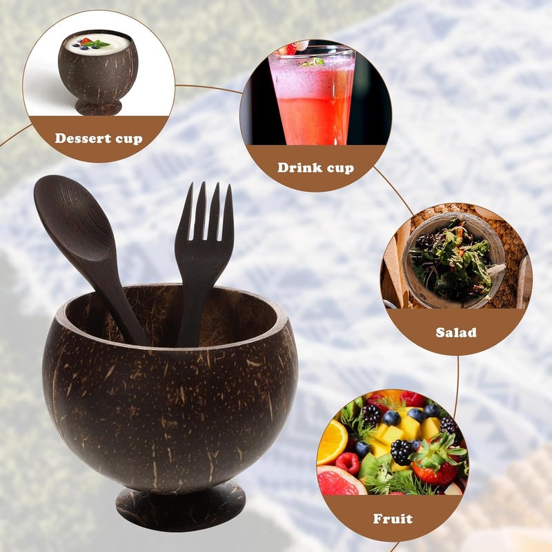 SHOWERORO Coconut Shell Salad Bowl Set with Natural Wood Fork and Spoon, Handmade Wooden Dessert Bowls for Food Serving, Eco-friendly Kitchen Tableware for Fruit and Salad - Image 5