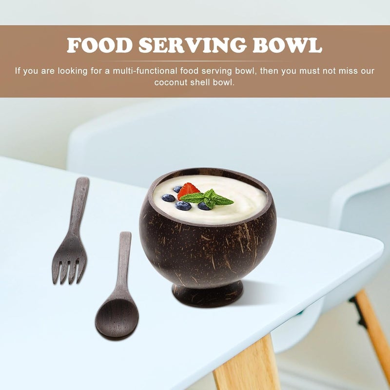 SHOWERORO Coconut Shell Salad Bowl Set with Natural Wood Fork and Spoon, Handmade Wooden Dessert Bowls for Food Serving, Eco-friendly Kitchen Tableware for Fruit and Salad - Image 4
