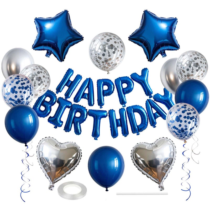WEIKA 27 Pcs Blue Silver Birthday Decorations 3D Letters Blue Happy Birthday Balloon Banner Pentagram Heart Foil Balloons Confetti Balloons Kit For Boys Girls Party Supplies - Image 3