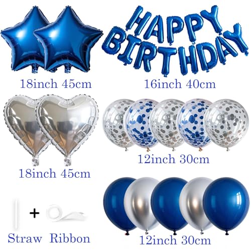 WEIKA 27 Pcs Blue Silver Birthday Decorations 3D Letters Blue Happy Birthday Balloon Banner Pentagram Heart Foil Balloons Confetti Balloons Kit For Boys Girls Party Supplies - Image 5