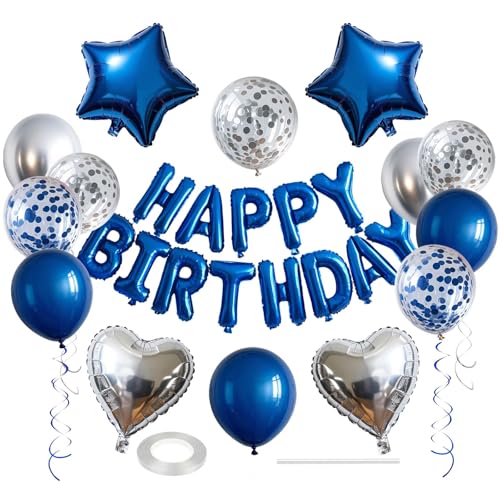 WEIKA 27 Pcs Blue Silver Birthday Decorations 3D Letters Blue Happy Birthday Balloon Banner Pentagram Heart Foil Balloons Confetti Balloons Kit For Boys Girls Party Supplies - Image 1