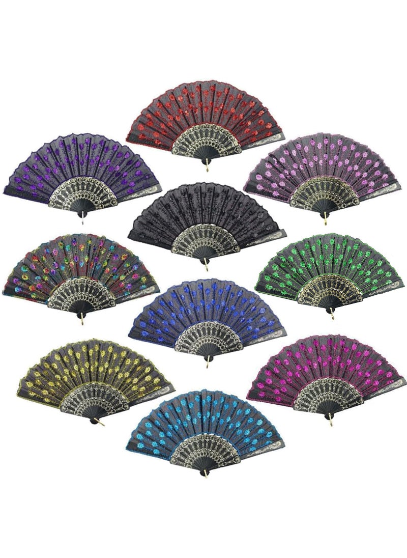 INNOLIFE InnoLife Elegant Colorful Embroidered Flower Peacock Pattern Sequin Fabric Folding Handheld Hand Fan HandCrafted Full Set  10pcs Mixed Colors 