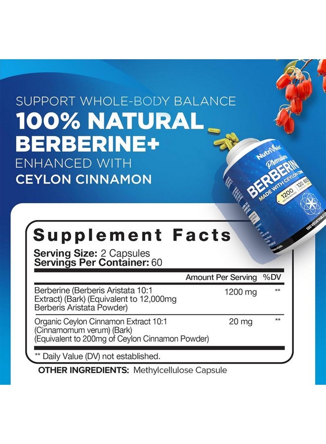 Nutrivein Nutrivein Premium Berberine HCL 1200 mg with Ceylon Cinnamon - 120 Capsules: High-Absorption Berberine Supplement for Defenses, Digestion, & Metabolism - Image 3