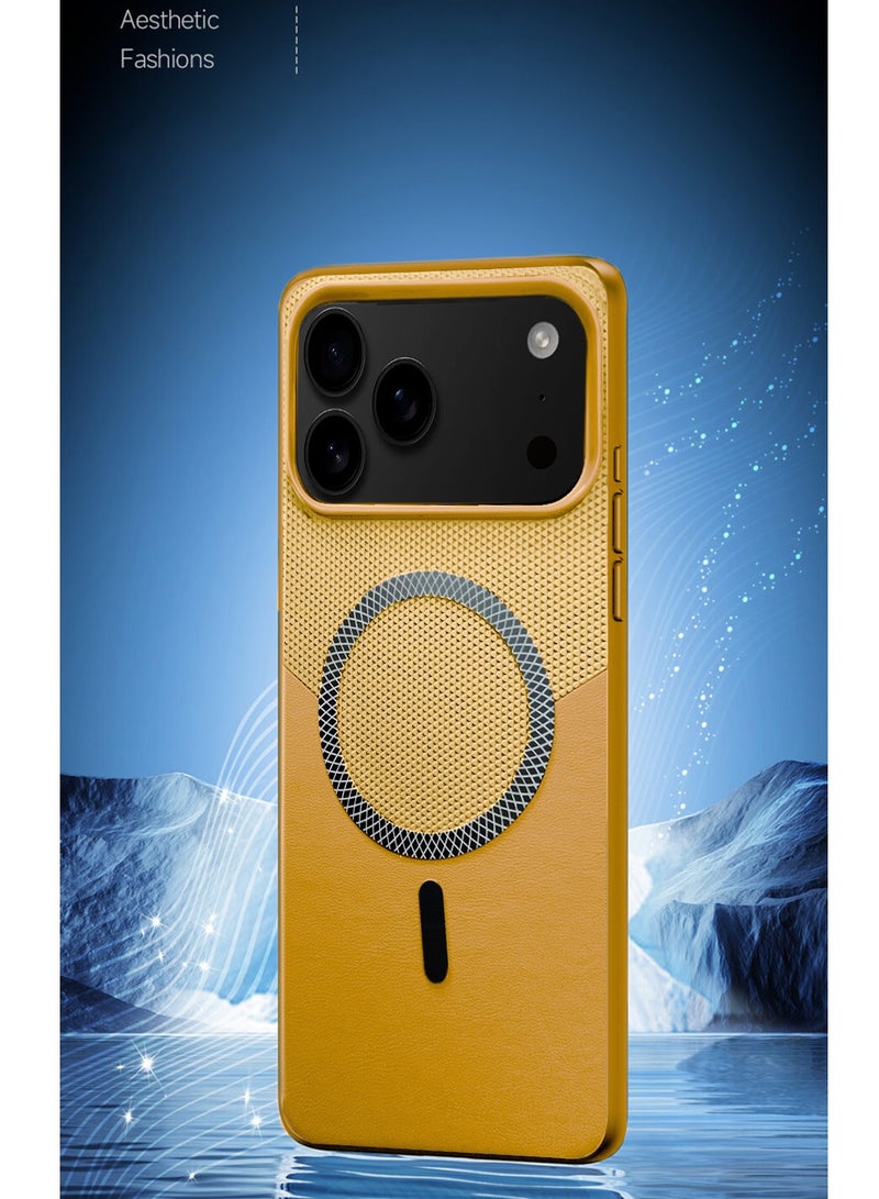 Wtech Apple iPhone 17 Pro Max 5G 2025 Luxury Leather Spliced with Durable Protection Magsafe Phone Case Cover (MCMPMN) - Golden/Pistal Orange - Image 4