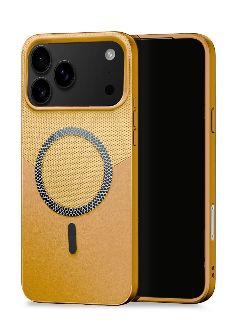 Wtech Apple iPhone 17 Pro Max 5G 2025 Luxury Leather Spliced with Durable Protection Magsafe Phone Case Cover (MCMPMN) - Golden/Pistal Orange - Image 1