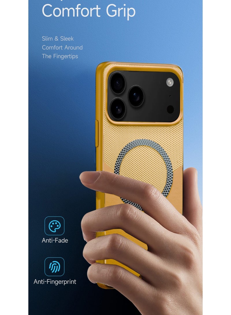 Wtech Apple iPhone 17 Pro Max 5G 2025 Luxury Leather Spliced with Durable Protection Magsafe Phone Case Cover (MCMPMN) - Golden/Pistal Orange - Image 2