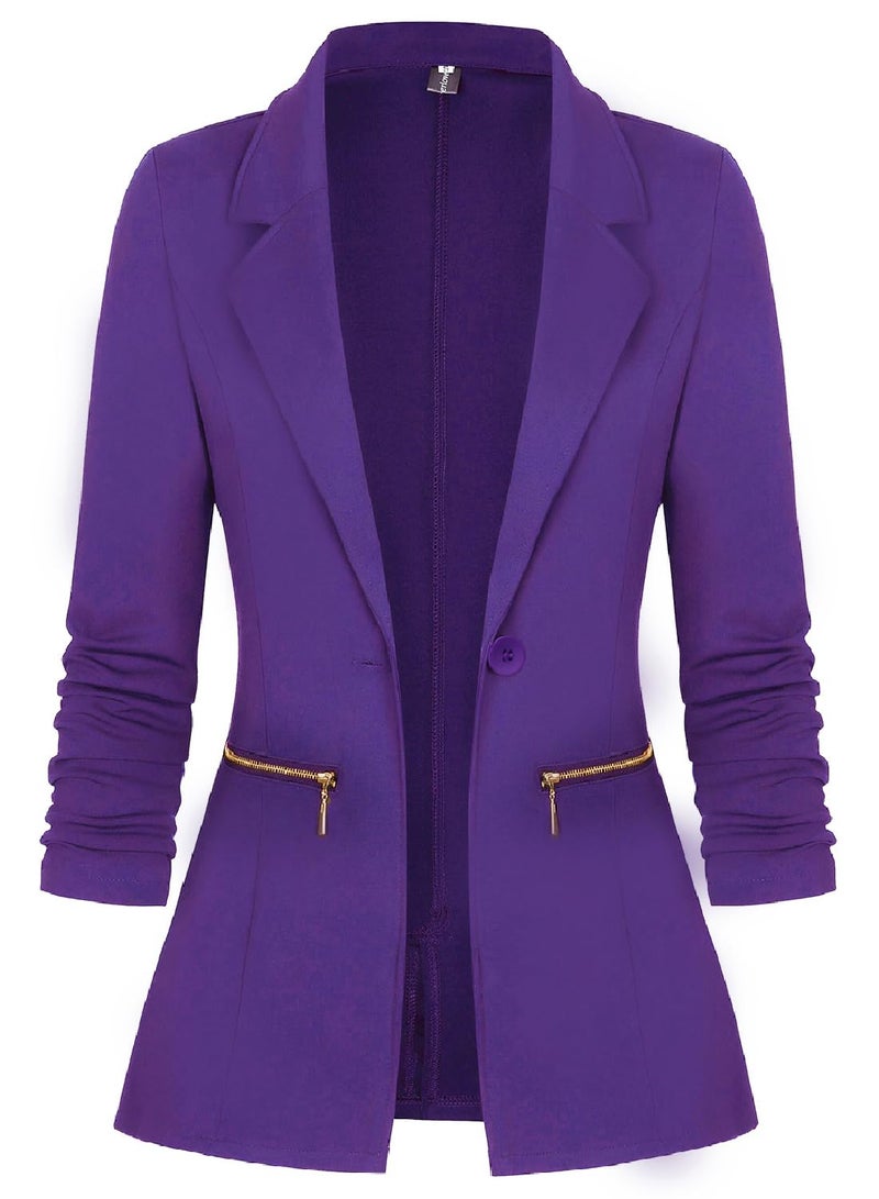Genhoo Women's Work Blazer Long Sleeve Casual Blazer Jackets Outfit Suit with Zipper Pockets Purple Large - Image 1