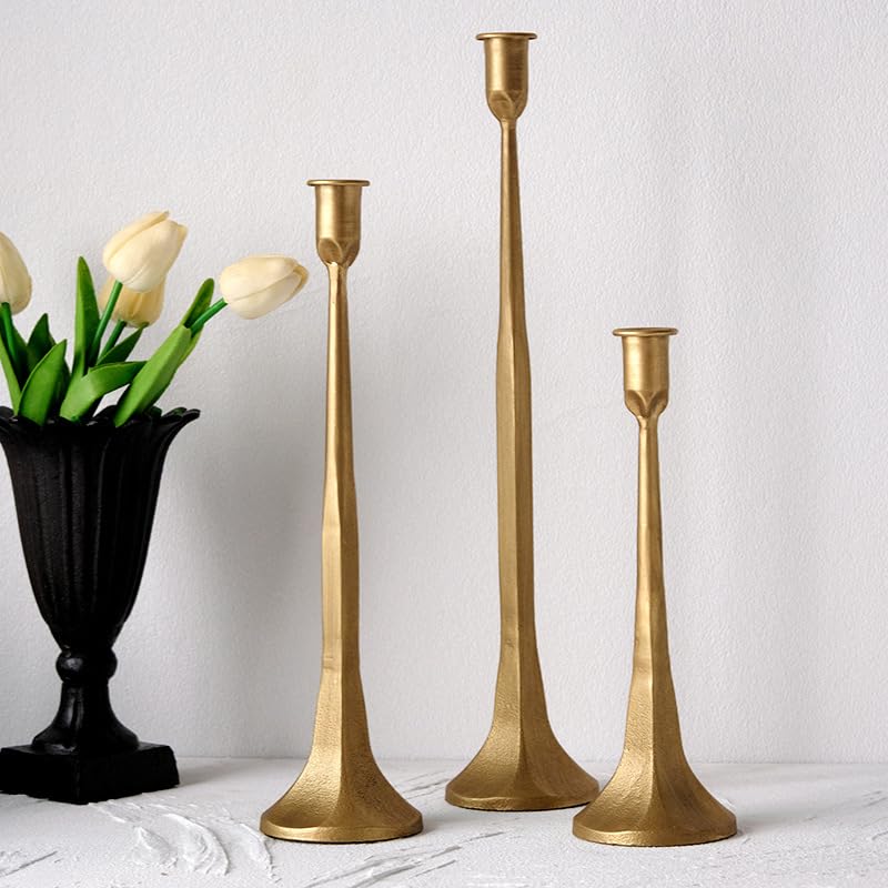 Denique Iron Taper Candle Holder Set of 3, Gold Candlestick Holders Decorative Candle Stand, Tapered Candle Holders Tall Set for Wedding, Dining Table, Home Decoration (Gold) - Image 1