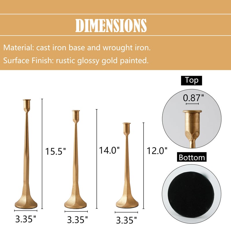 Denique Iron Taper Candle Holder Set of 3, Gold Candlestick Holders Decorative Candle Stand, Tapered Candle Holders Tall Set for Wedding, Dining Table, Home Decoration (Gold) - Image 2