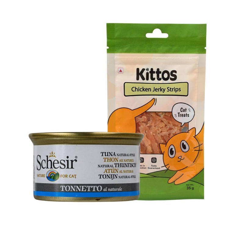 Schesir Tuna Natural Style Wet Cat Food (85g) + Kittos Chicken Jerky Strips (35g) Combo High Protein Real Ingredients for Cats of All Breeds Tasty & Healthy Treats - Image 1
