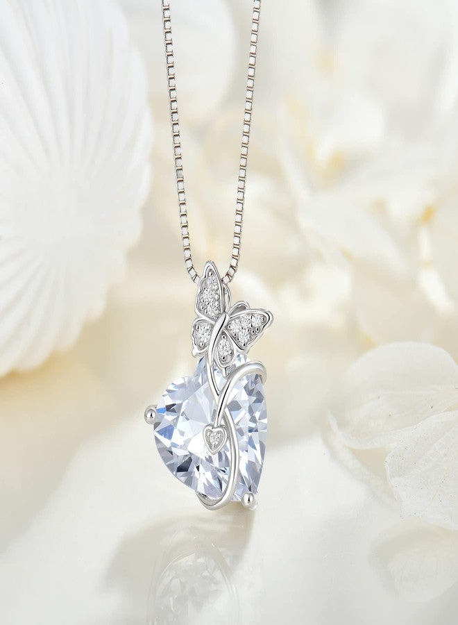 FJ Butterfly Necklace 925 Sterling Silver Love Heart Pendant Simulated Diamond Necklace April Birthstone Jewelry for Women - Image 3