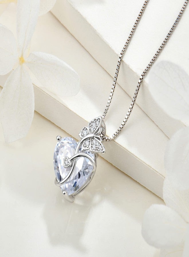 FJ Butterfly Necklace 925 Sterling Silver Love Heart Pendant Simulated Diamond Necklace April Birthstone Jewelry for Women - Image 4