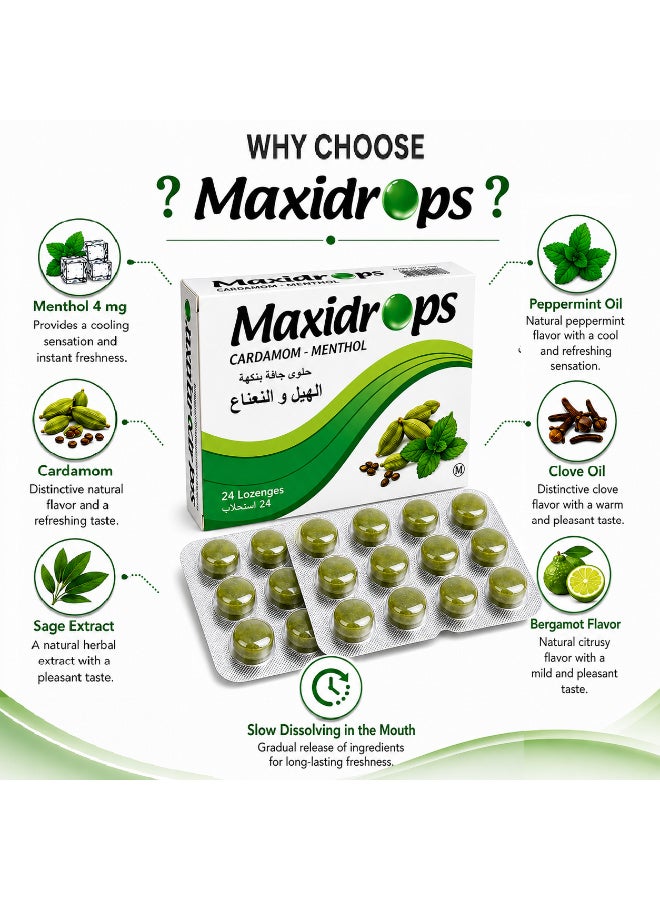 Maxidrops Cardamom & Menthol Lozenges with Sage, Bergamot & Clove, 24 Lozenges – Throat & Breath Freshening - Image 3