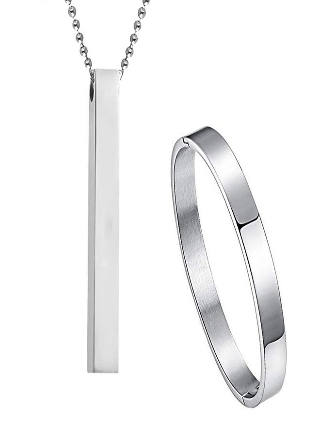 Okos Men's Fashion Jewellery Set Combo of 2 Rhodium Plated Stainless Steel 3D Cuboid Vertical Bar/Stick Locket Pendant Necklace With Full Kada for Boys and Men CO1000442RHD - Image 1
