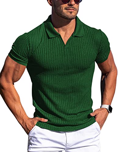 Gnvviwl Men's Muscle V Neck Polo Shirts Slim Fit Short Sleeve Cotton Golf T-Shirts Ribbed Knit Soft Tees Green - Image 1