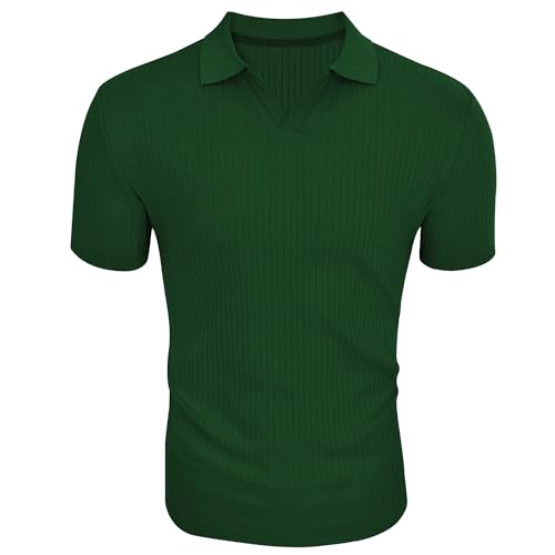 Gnvviwl Men's Muscle V Neck Polo Shirts Slim Fit Short Sleeve Cotton Golf T-Shirts Ribbed Knit Soft Tees Green - Image 2
