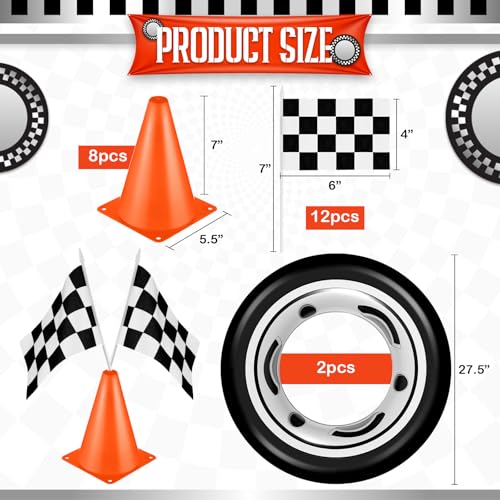 Remagr 24 Pcs Race Car Theme Birthday Party Supplies 8 Pcs Traffic Cones 12 Black and White Checkered Flags 2 275 Inflatable Tire Tubes Black Floor Runner Checkered TableclothVivid Style - Image 5