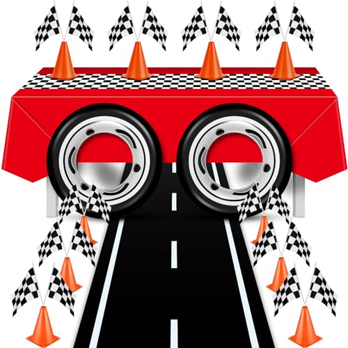 Remagr 24 Pcs Race Car Theme Birthday Party Supplies 8 Pcs Traffic Cones 12 Black and White Checkered Flags 2 275 Inflatable Tire Tubes Black Floor Runner Checkered TableclothVivid Style - Image 1