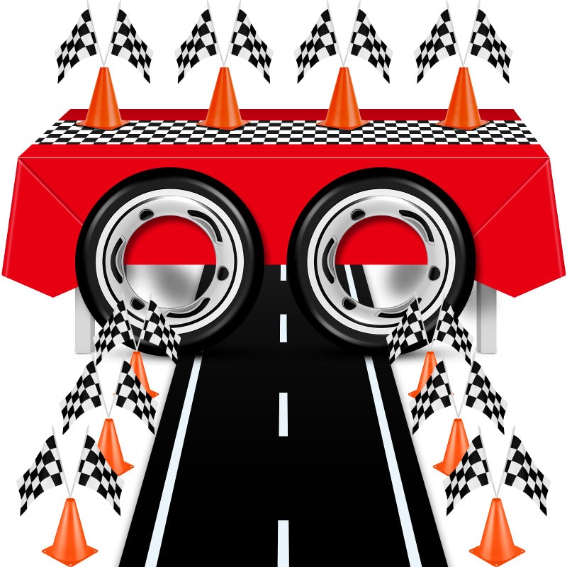 Remagr 24 Pcs Race Car Theme Birthday Party Supplies 8 Pcs Traffic Cones 12 Black and White Checkered Flags 2 275 Inflatable Tire Tubes Black Floor Runner Checkered TableclothVivid Style - Image 3