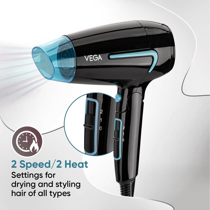 Vega U-Style 1600 Watts Foldable Hair Dryer For Men & Women With Cool Shot Button, Black, (VHDH-24) - Image 4