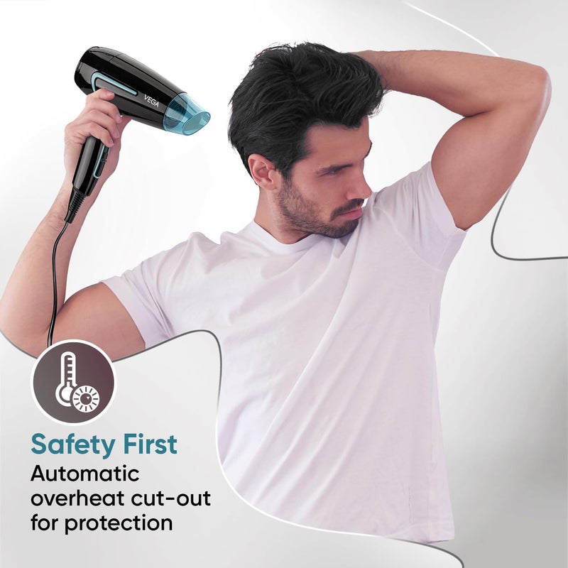Vega U-Style 1600 Watts Foldable Hair Dryer For Men & Women With Cool Shot Button, Black, (VHDH-24) - Image 5