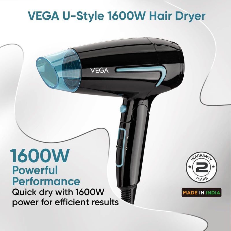 Vega U-Style 1600 Watts Foldable Hair Dryer For Men & Women With Cool Shot Button, Black, (VHDH-24) - Image 3