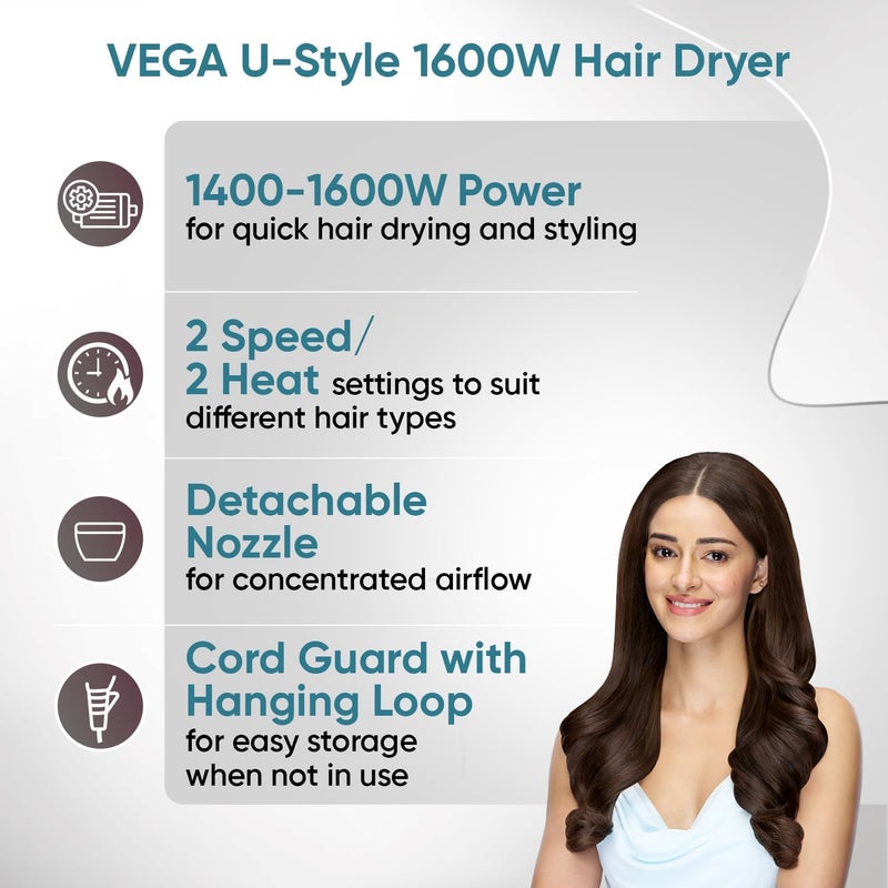 Vega U-Style 1600 Watts Foldable Hair Dryer For Men & Women With Cool Shot Button, Black, (VHDH-24) - Image 2