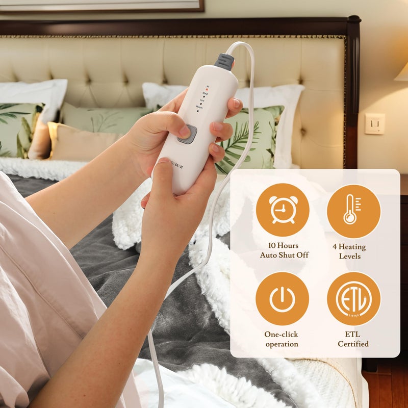 BRILLIO Electric Heated Blanket 72"x84" Full Size Flannel & Sherpa - 4 Heat Settings & 10H Auto Shut Off for Safe Overnight Use, Fast Heating, Machine Washable for Bed, Couch, Office - Light Gray - Image 5